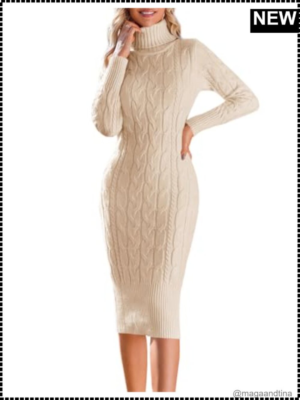 Turtleneck Sweater Dress Bodycon Cable Knit Midi Long Sleeve Fall Winter